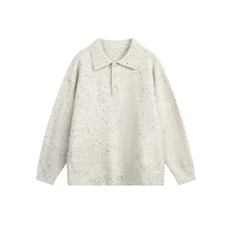 Damen Oversize-Polo-Pullover aus Mélange-Feinstrick mit Polokragen und Knopfleiste Nord Taschen
