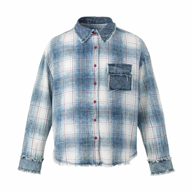 Damen Oversize kariertes Hemdjacke mit Denim-Applikationen und ausgefransten Kanten Nord Taschen