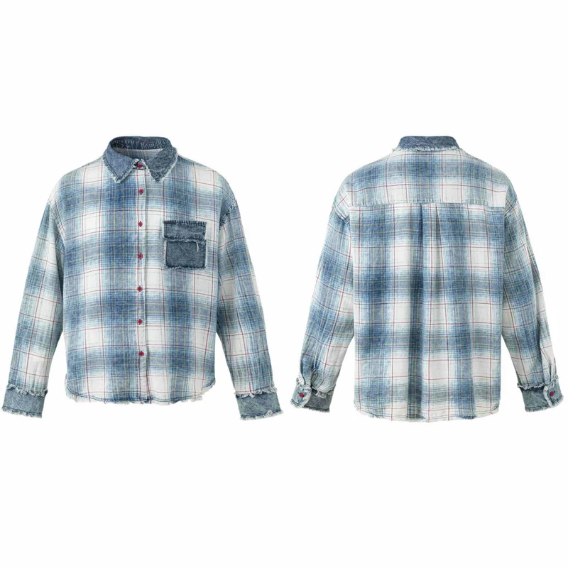 Damen Oversize kariertes Hemdjacke mit Denim-Applikationen und ausgefransten Kanten Nord Taschen