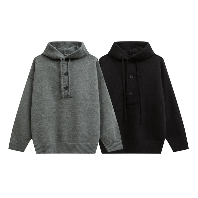 Damen Oversize Kapuzenstrickpullover mit halber Knopfleiste und Rippbündchen Nord Taschen