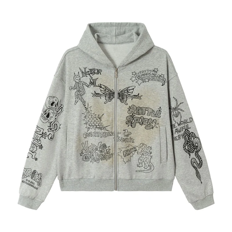 Damen Oversize-Kapuzenjacke mit Reißverschluss, hohem Kragen und grafischen Tattoo-Prints Nord Taschen