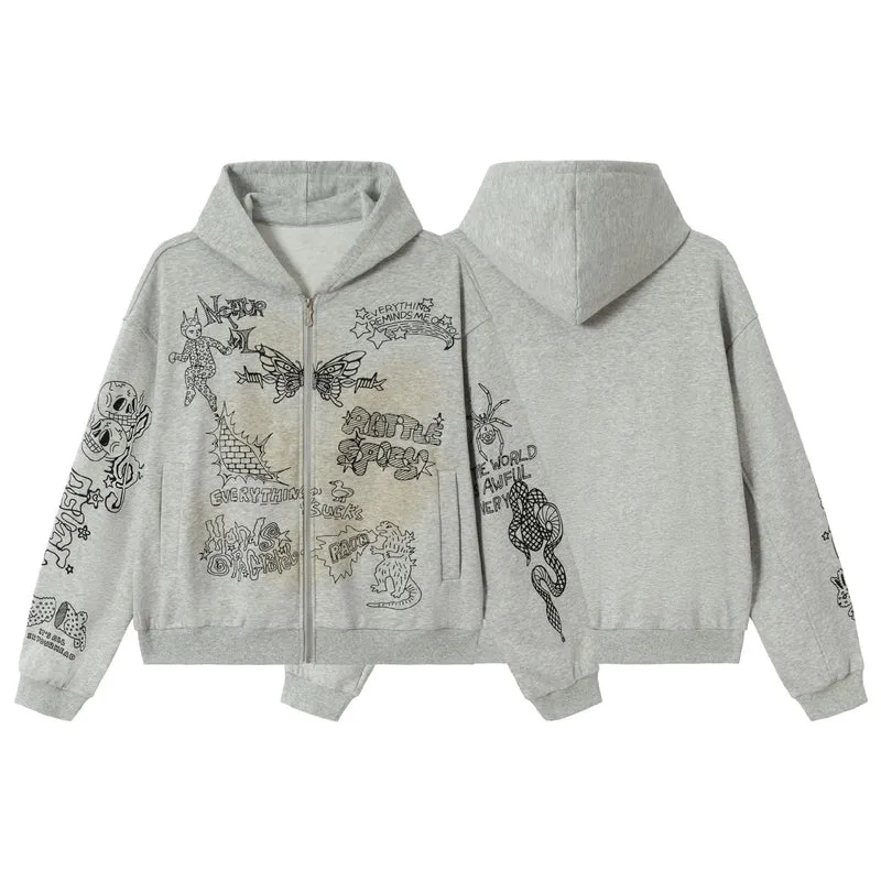 Damen Oversize-Kapuzenjacke mit Reißverschluss, hohem Kragen und grafischen Tattoo-Prints Nord Taschen