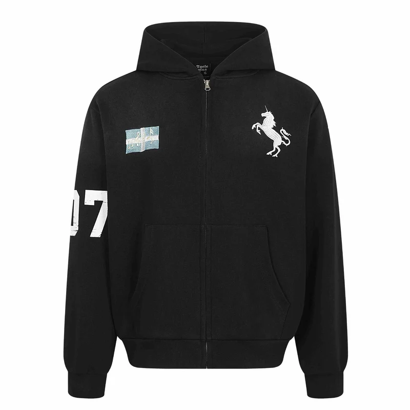 Damen Zip-Hoodie mit gesticktem Einhorn-Motiv und Musikpatch Nord Taschen