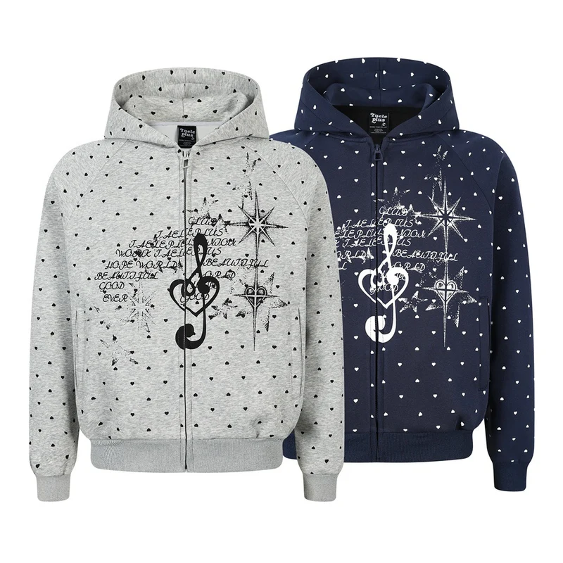 Damen Zip‑Hoodie im Herz-Allover mit Notenschlüssel‑Print und Kängurutaschen Nord Taschen