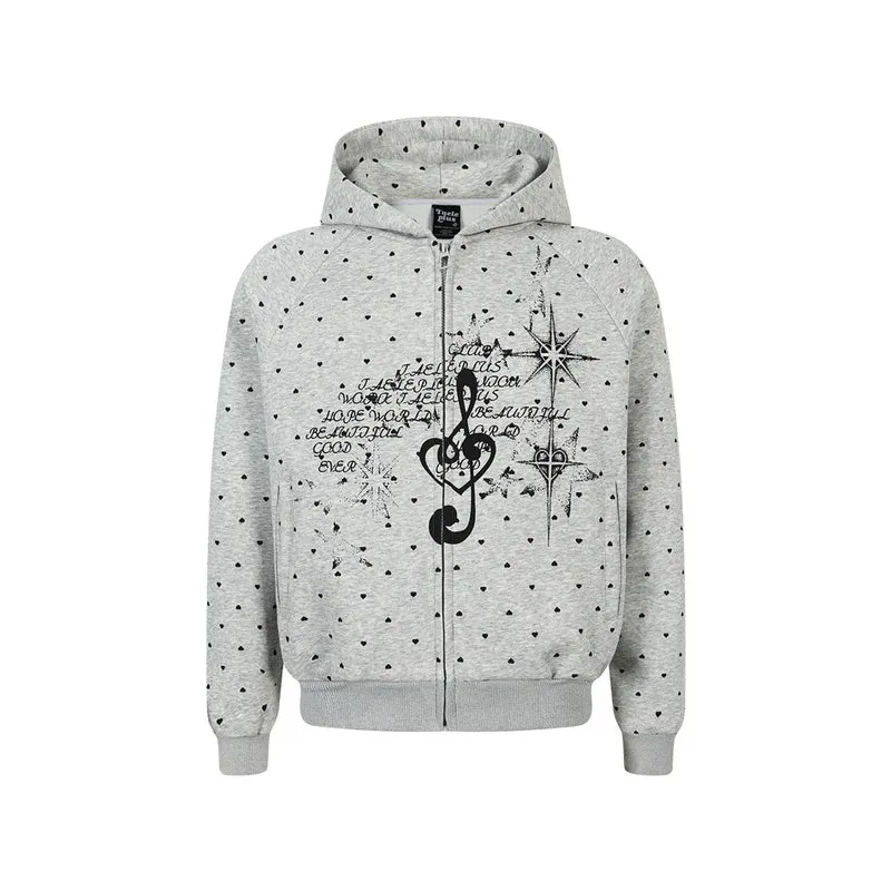 Damen Zip‑Hoodie im Herz-Allover mit Notenschlüssel‑Print und Kängurutaschen Nord Taschen