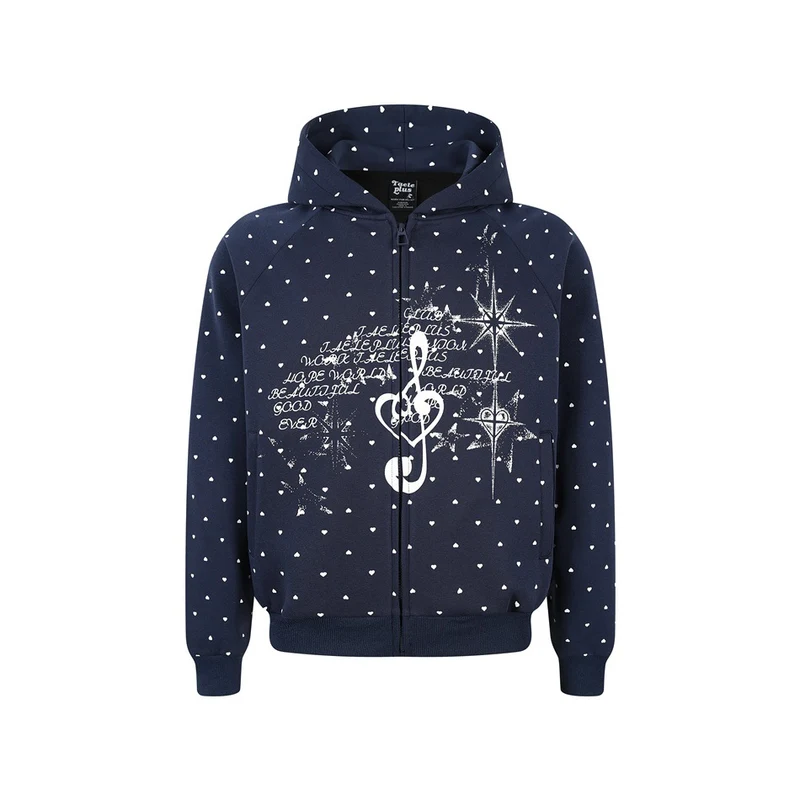 Damen Zip‑Hoodie im Herz-Allover mit Notenschlüssel‑Print und Kängurutaschen Nord Taschen