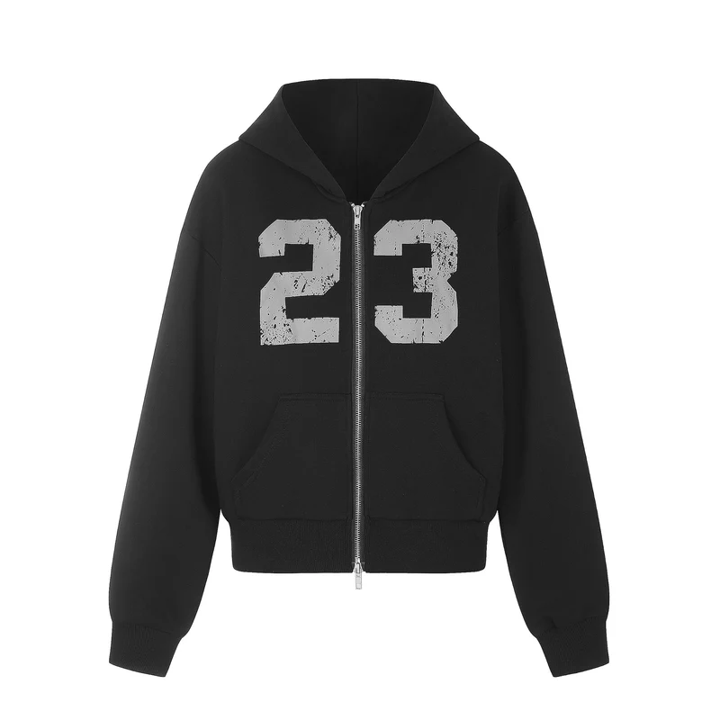 Damen Zip‑Hoodie im Boxy‑Schnitt mit Kängurutasche und Nummernprint Nord Taschen