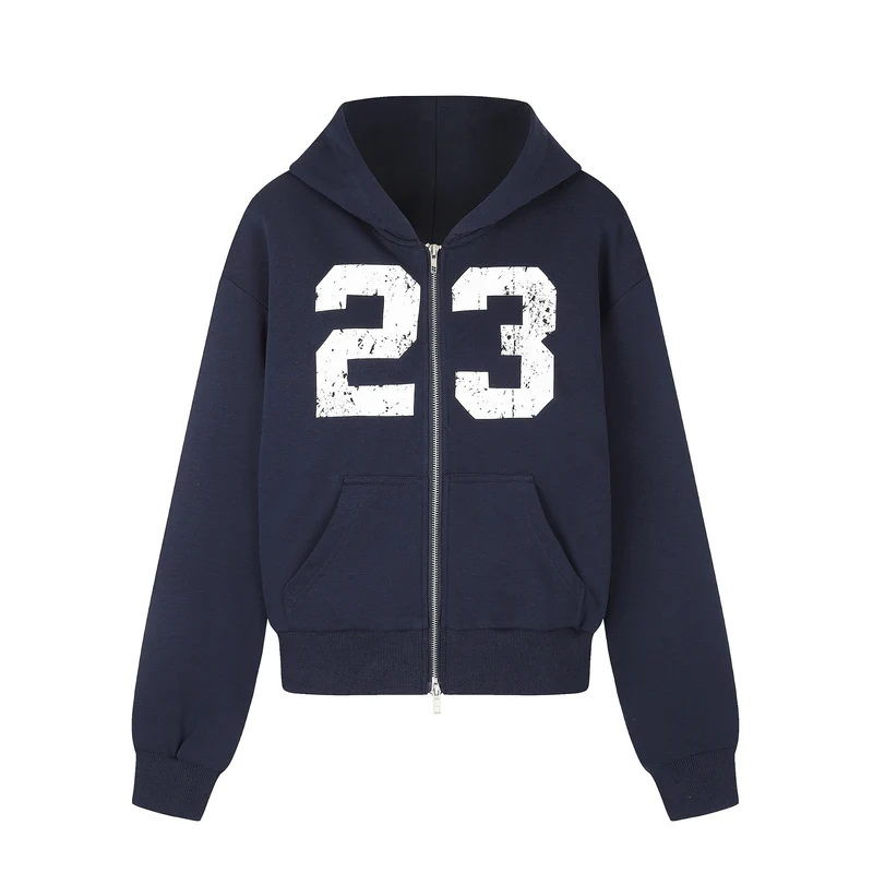 Damen Zip‑Hoodie im Boxy‑Schnitt mit Kängurutasche und Nummernprint Nord Taschen
