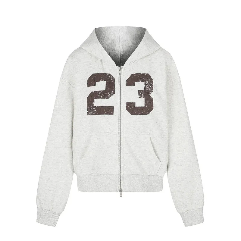 Damen Zip‑Hoodie im Boxy‑Schnitt mit Kängurutasche und Nummernprint Nord Taschen