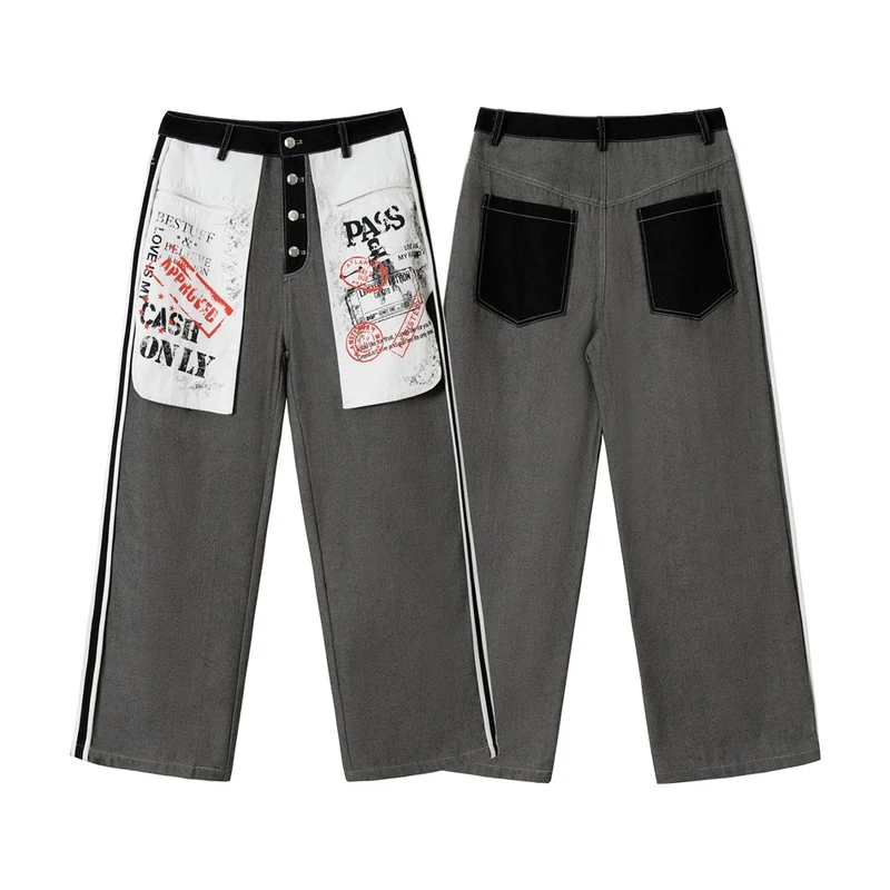 Damen Wide-Leg Cargo-Jeans mit aufgesetzten Grafik-Patches und Kontraststreifen Nord Taschen