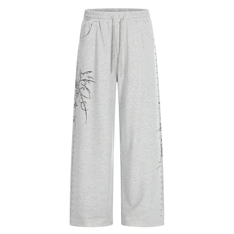 Damen Weite Sweatpants mit Tunnelzug, Ziernieten und grafischem Print Nord Taschen