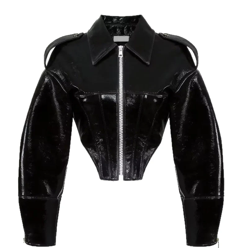 Damen kurz geschnittener Lackoptik-Blouson mit tailliertem Korsett-Schnitt Nord Taschen