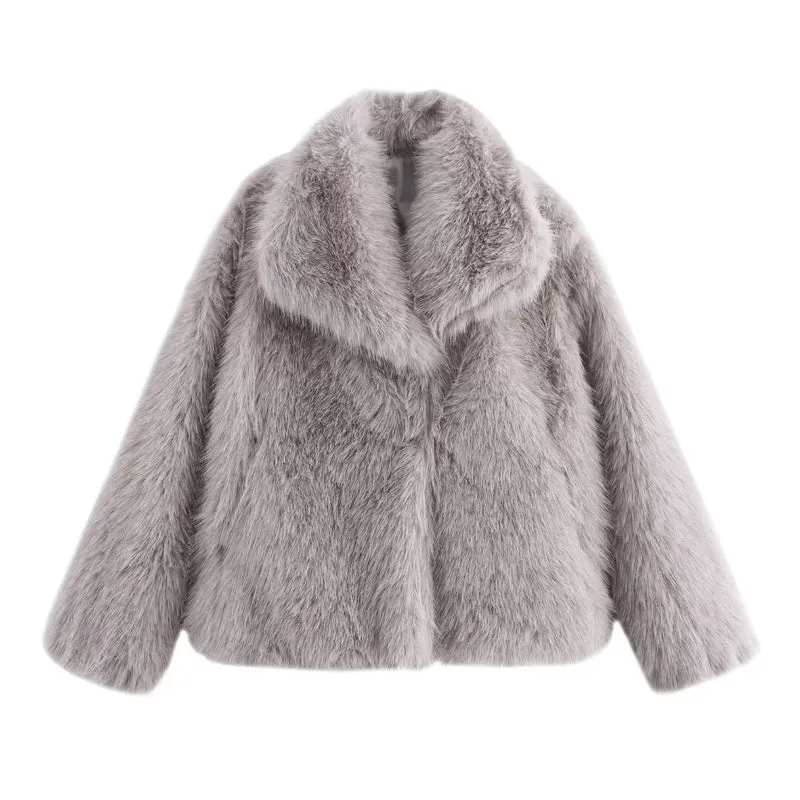 Damen Kurz geschnittener Faux-Fur-Mantel mit voluminösem Schalkragen und geradem Schnitt Nord Taschen