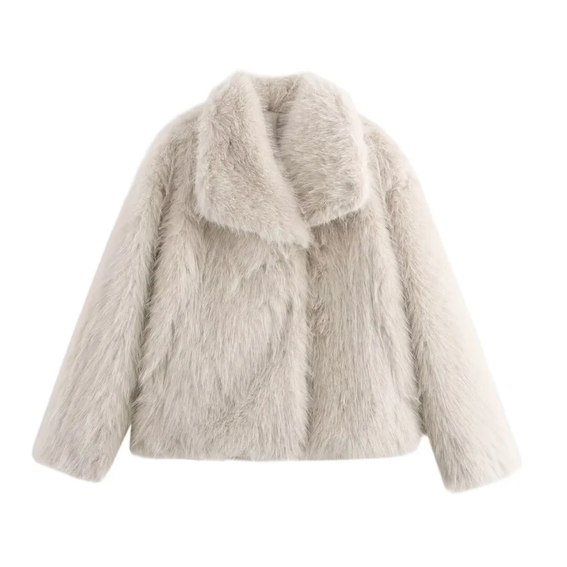 Damen Kurz geschnittener Faux-Fur-Mantel mit voluminösem Schalkragen und geradem Schnitt Nord Taschen