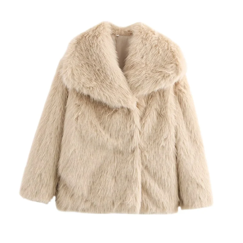 Damen Kurz geschnittener Faux-Fur-Mantel mit voluminösem Schalkragen und geradem Schnitt Nord Taschen
