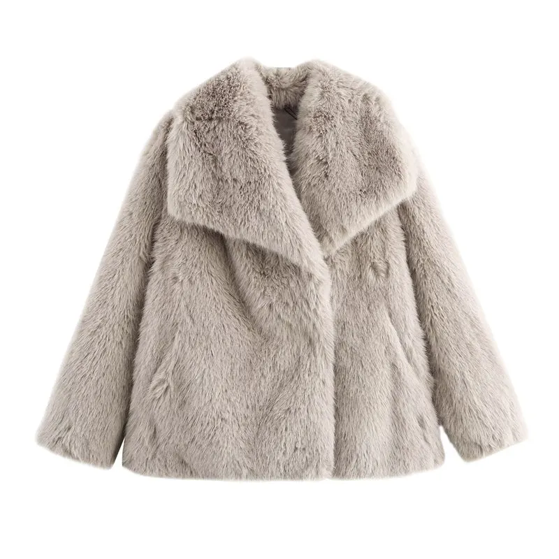 Damen Kurz geschnittener Faux-Fur-Mantel mit voluminösem Schalkragen und geradem Schnitt Nord Taschen