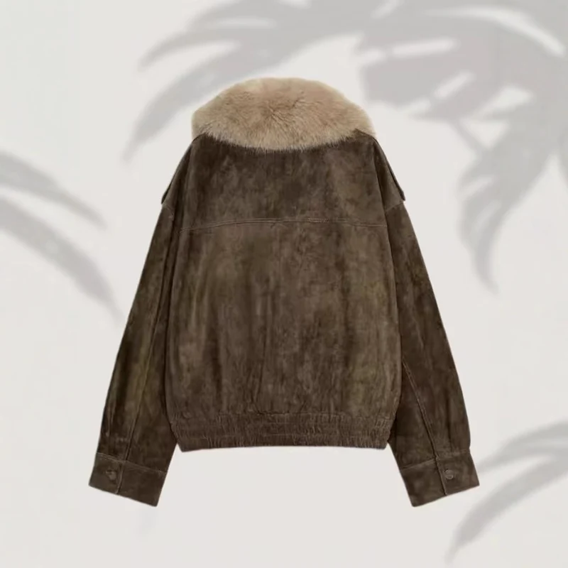 Damen Kurz geschnittene Wildlederjacke im Bomberstil mit luxuriösem Pelzkragen Nord Taschen