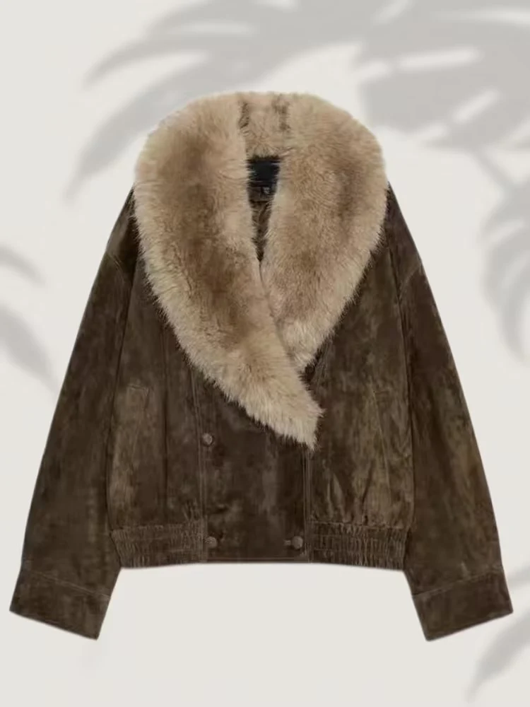 Damen Kurz geschnittene Wildlederjacke im Bomberstil mit luxuriösem Pelzkragen Nord Taschen