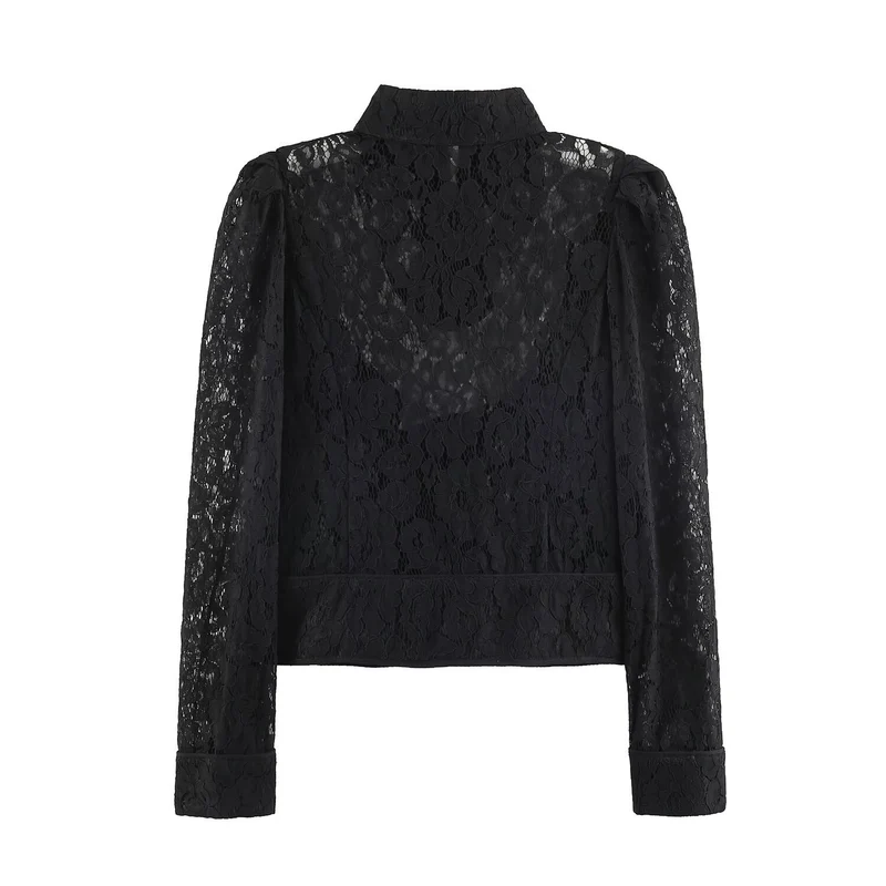 Damen kurz geschnittene transparente Spitzenbluse mit Stehkragen, Stoffknoopfleiste und gerafften Puffärmeln Nord Taschen