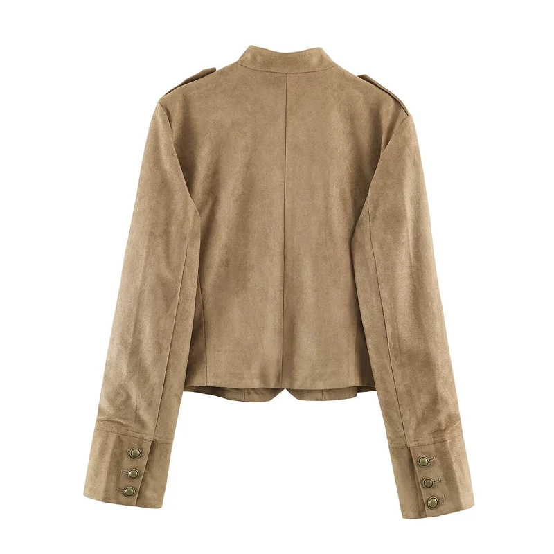 Damen kurz geschnittene Kavallerie-Jacke aus Wildlederoptik mit Zierknopfleiste und Schulterpatten Nord Taschen