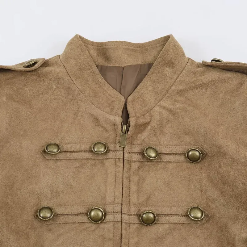 Damen kurz geschnittene Kavallerie-Jacke aus Wildlederoptik mit Zierknopfleiste und Schulterpatten Nord Taschen