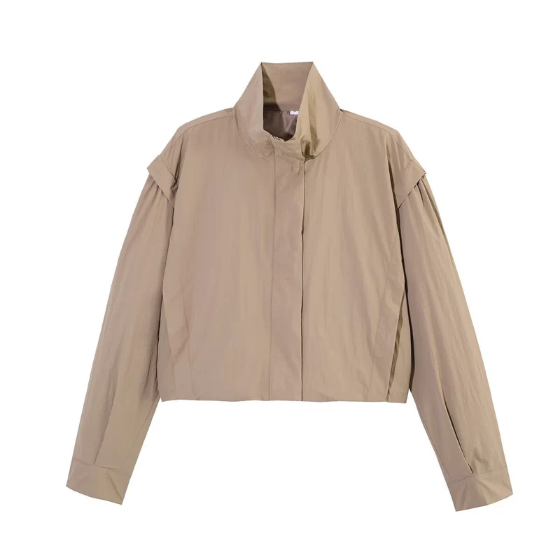 Damen Gekürzte Taillenfreie Blousonjacke mit hohem Stehkragen und plissierten Ärmelbahnen Nord Taschen