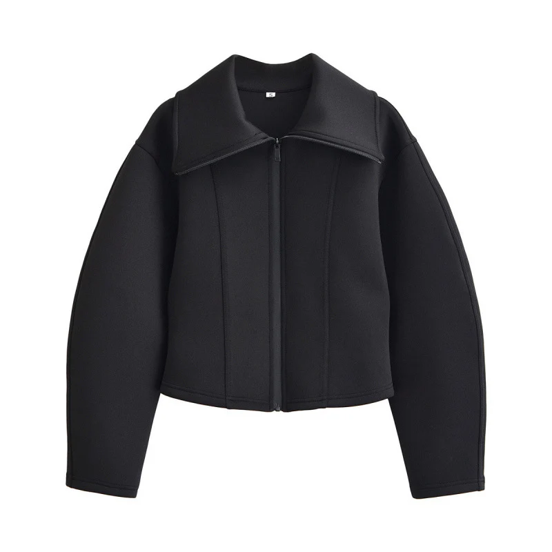 Damen Gekürzte strukturierte Jacke im Neopren‑Look mit weitem Schalkragen Nord Taschen