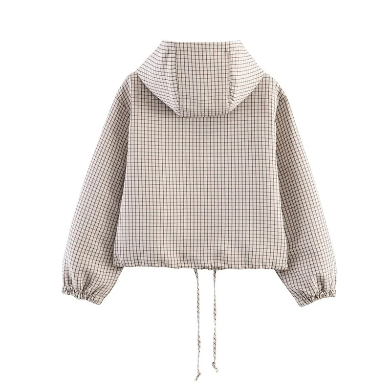Damen Gekürzte Steppjacke mit Kapuze, Tunnelzug und Karomuster Nord Taschen