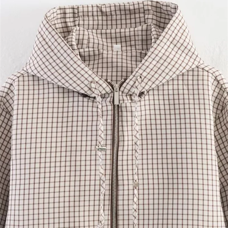 Damen Gekürzte Steppjacke mit Kapuze, Tunnelzug und Karomuster Nord Taschen