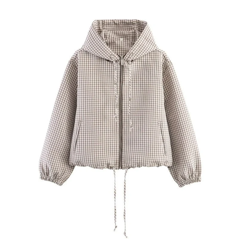 Damen Gekürzte Steppjacke mit Kapuze, Tunnelzug und Karomuster Nord Taschen