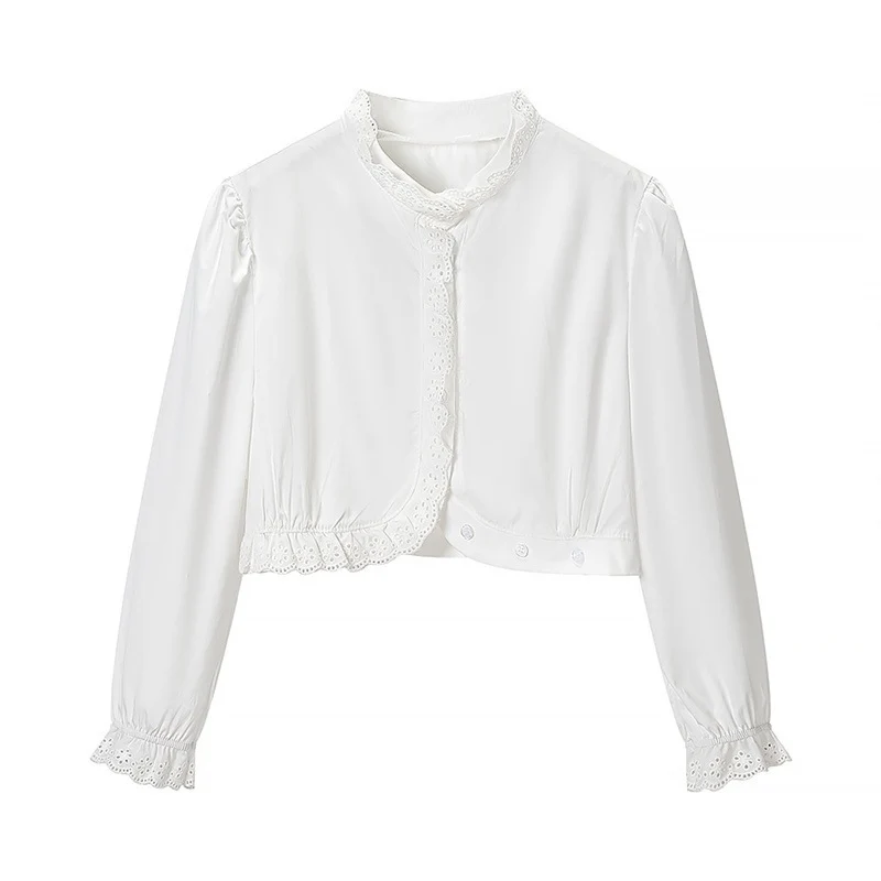Damen Gekürzte Spitzenbolero‑Bluse mit Stehkragen und Lochstickerei Nord Taschen