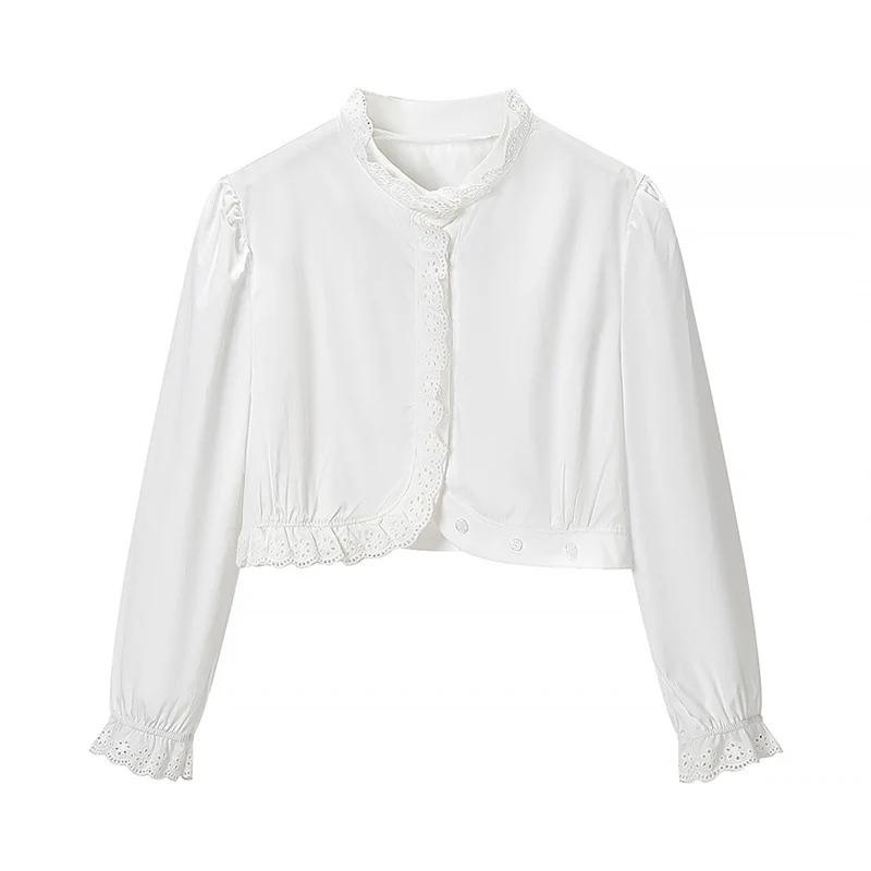 Damen Gekürzte Spitzenbolero‑Bluse mit Stehkragen und Lochstickerei Nord Taschen
