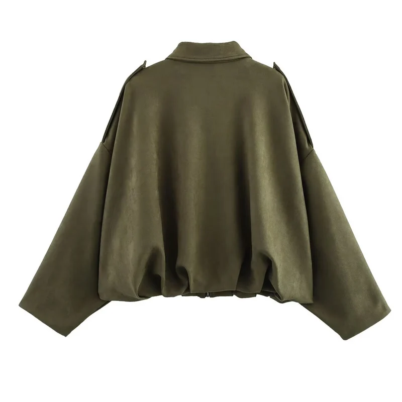Damen Gekürzte Oversize-Blousonjacke aus Veloursoptik mit Tunnelzugsaum und Schulterpatten Nord Taschen