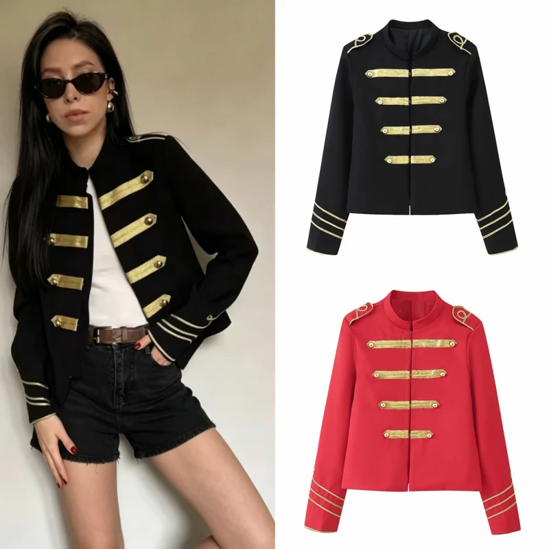 Damen Gekürzte Militärjacke mit goldbestickten Galons und Stehkragen Nord Taschen