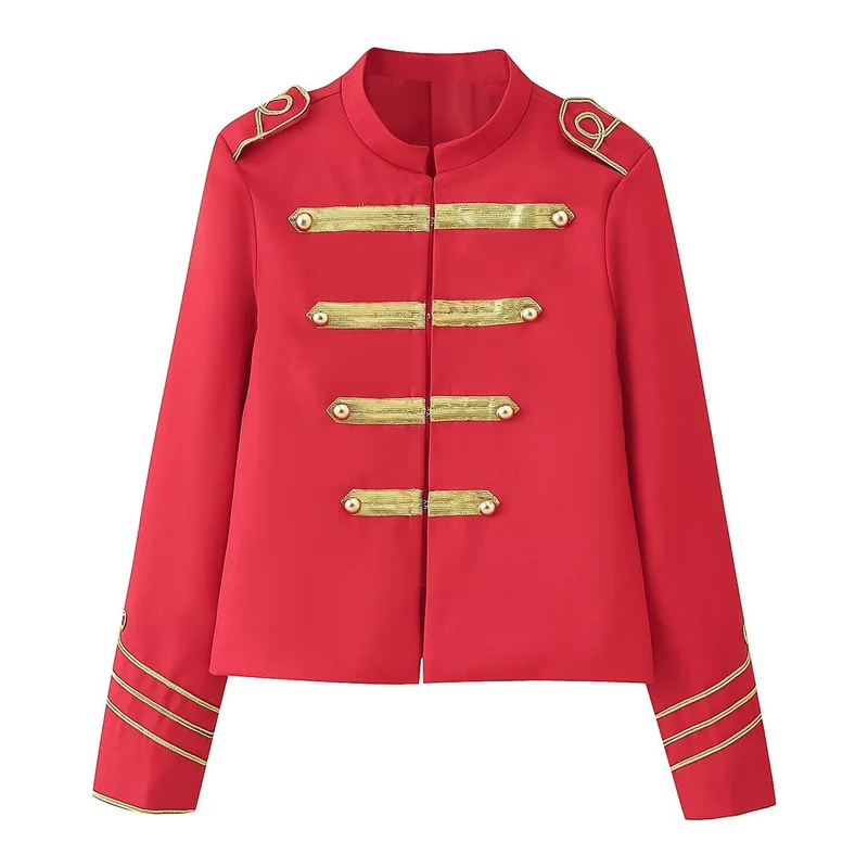 Damen Gekürzte Militärjacke mit goldbestickten Galons und Stehkragen Nord Taschen
