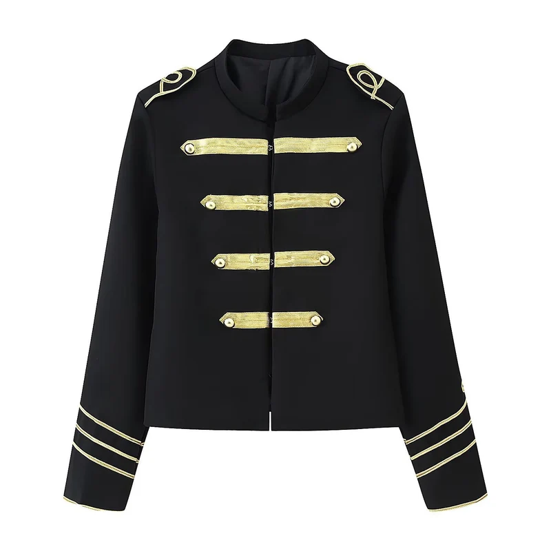 Damen Gekürzte Militärjacke mit goldbestickten Galons und Stehkragen Nord Taschen