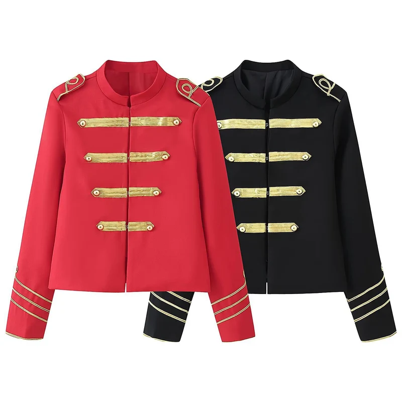 Damen Gekürzte Militärjacke mit goldbestickten Galons und Stehkragen Nord Taschen