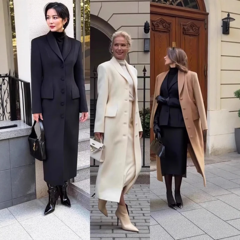 Damen Langer Wollmixmantel mit Schalkragen und taillierter Silhouette Nord Taschen