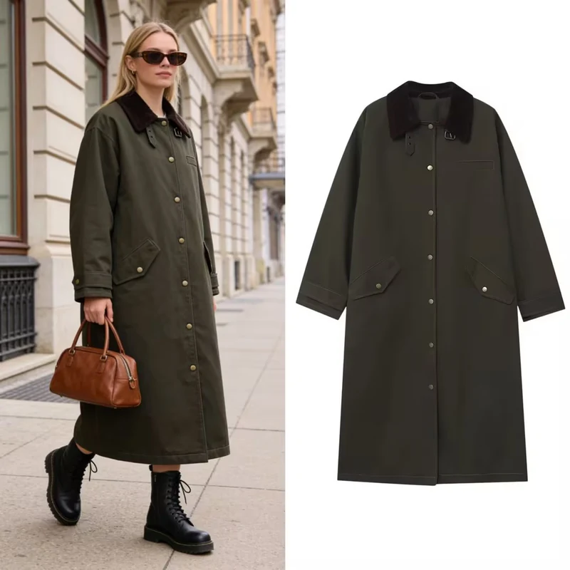 Damen langer wasserdichter Parka-Mantel mit Cordkragen und Druckknopfleiste Nord Taschen