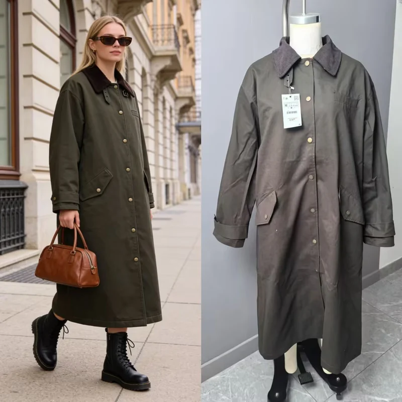 Damen langer wasserdichter Parka-Mantel mit Cordkragen und Druckknopfleiste Nord Taschen