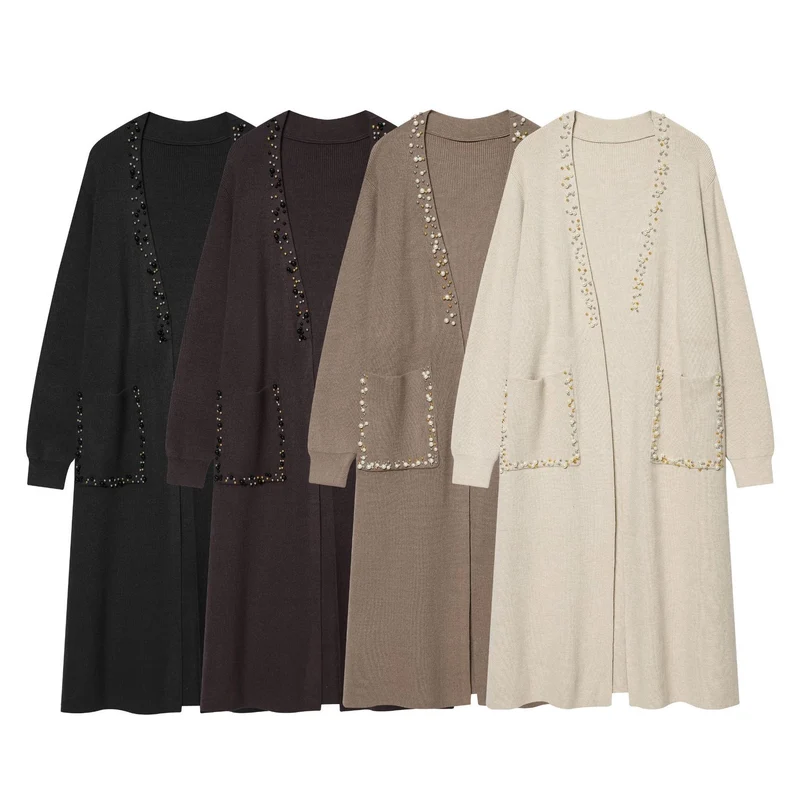 Damen langer Strickcardigan mit Perlenverzierung und aufgesetzten Taschen Nord Taschen