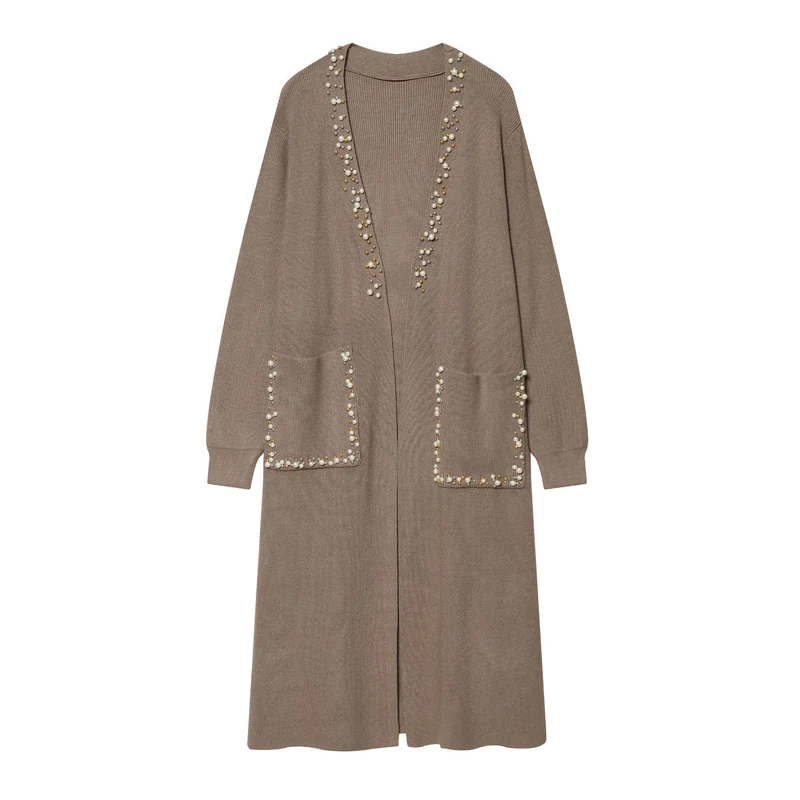 Damen langer Strickcardigan mit Perlenverzierung und aufgesetzten Taschen Nord Taschen