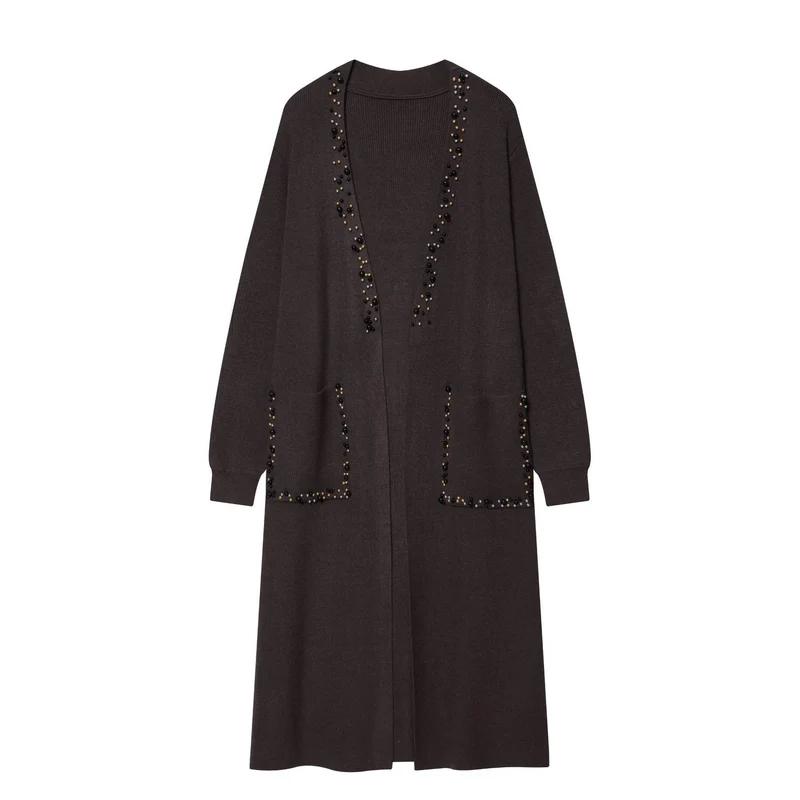 Damen langer Strickcardigan mit Perlenverzierung und aufgesetzten Taschen Nord Taschen