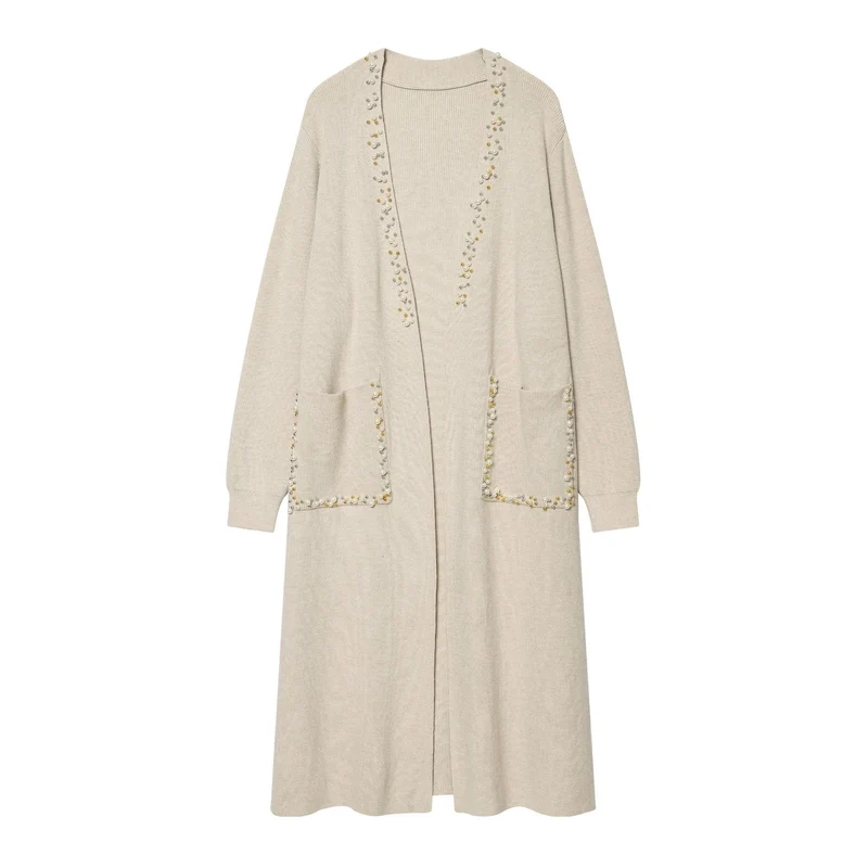 Damen langer Strickcardigan mit Perlenverzierung und aufgesetzten Taschen Nord Taschen