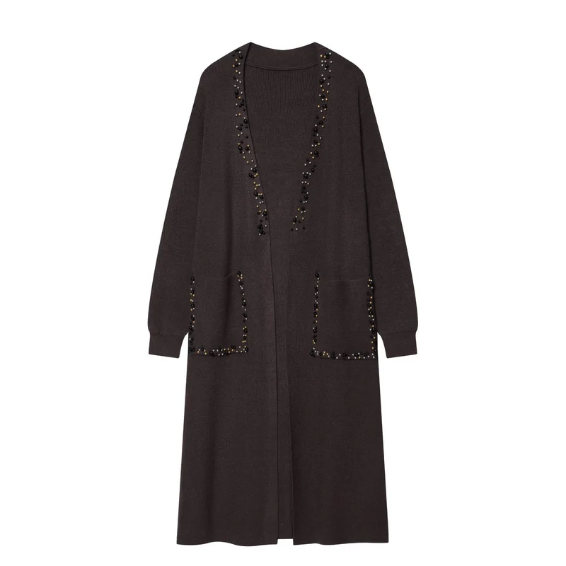 Damen langer Strickcardigan mit Perlenverzierung und aufgesetzten Taschen Nord Taschen