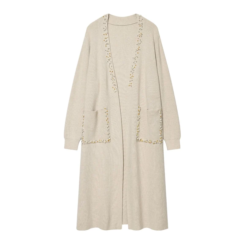 Damen langer Strickcardigan mit Perlenverzierung und aufgesetzten Taschen Nord Taschen