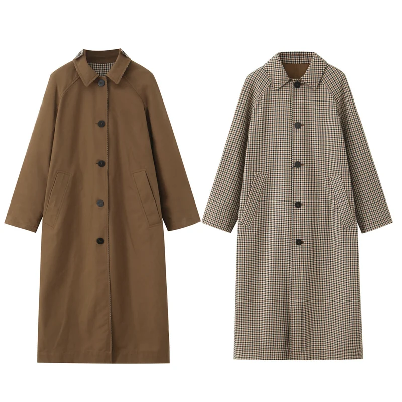 Damen langer minimalistischer Trenchcoat mit kariertem Innenfutter Nord Taschen