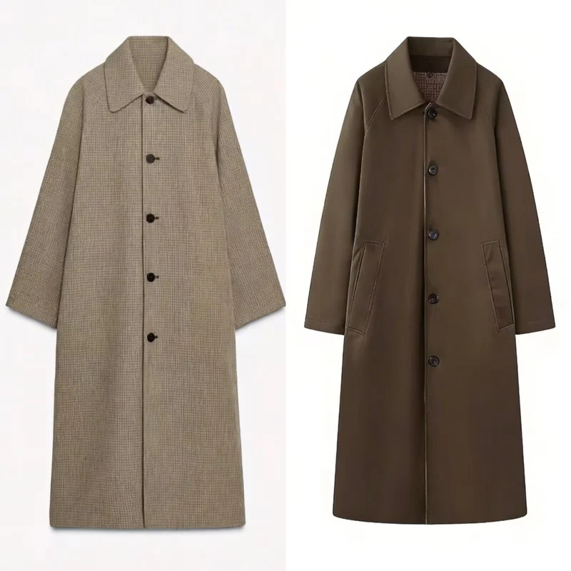 Damen langer minimalistischer Trenchcoat mit kariertem Innenfutter Nord Taschen
