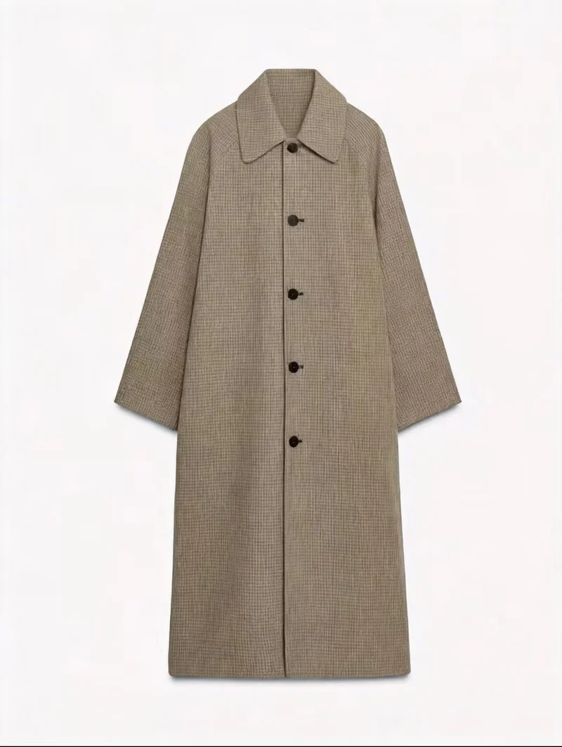 Damen langer minimalistischer Trenchcoat mit kariertem Innenfutter Nord Taschen