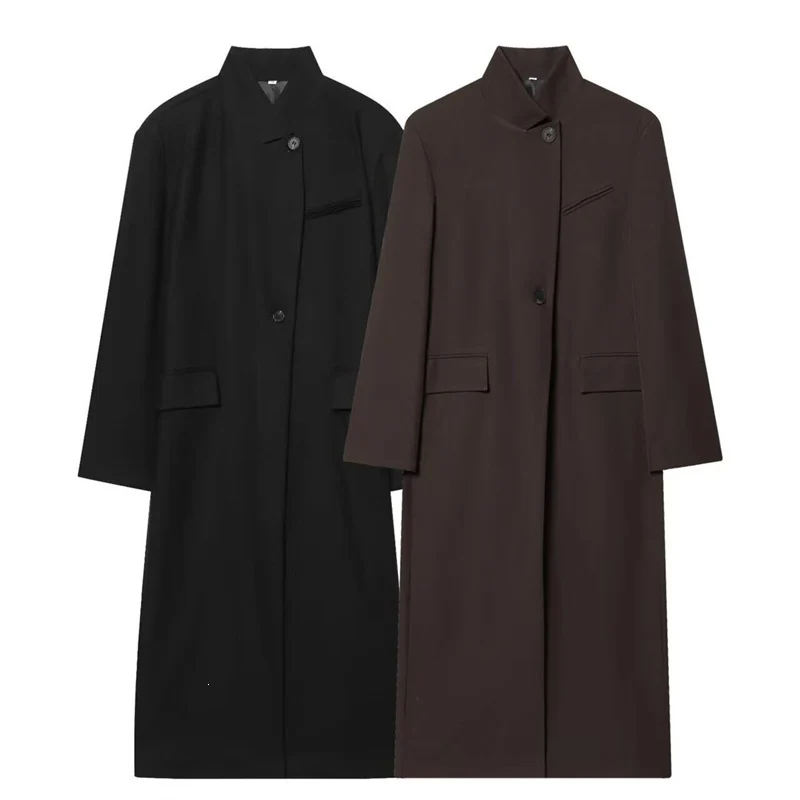 Damen Langer Mantel mit Mandarin-Kragen, minimalistischer Silhouette und verdeckter Knopfleiste Nord Taschen